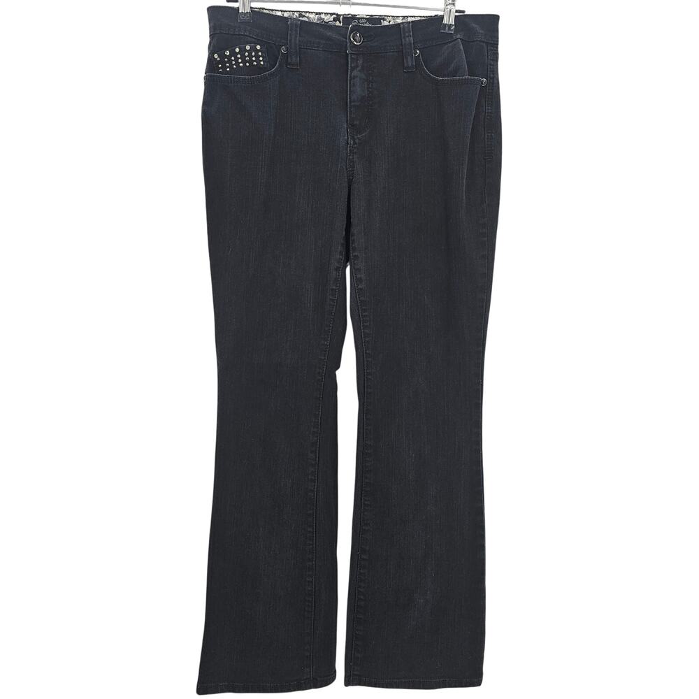 Royalty By YMI Womans size 12 Black Denim Jeans Embellished Pockets Flare Legs - Picture 2 of 9